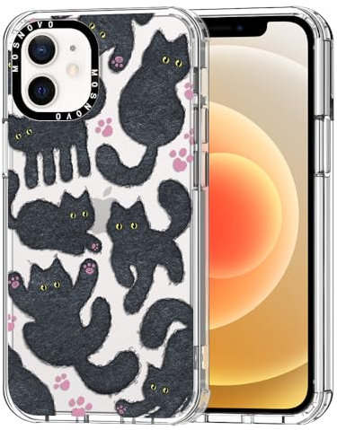 MOSNOVO Case for iPhone 12 & iPhone 12 Pro, [Buffertech 6.6ft Military-Grade Drop Protection] [Anti Peel Off Tech] Clear TPU Bumper Phone Case Cover Design - Black Furry Cat