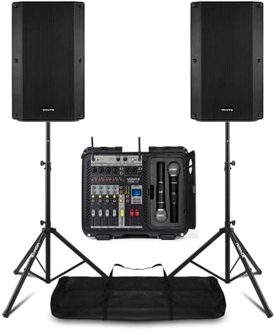 Full Passive PA System with 15'' Vonyx VSA15P Passive Speakers, 6-Channel Power Mixer & Wireless Mics | Portable Mixer PA Amplifier, Bluetooth, and Speaker Stands Included