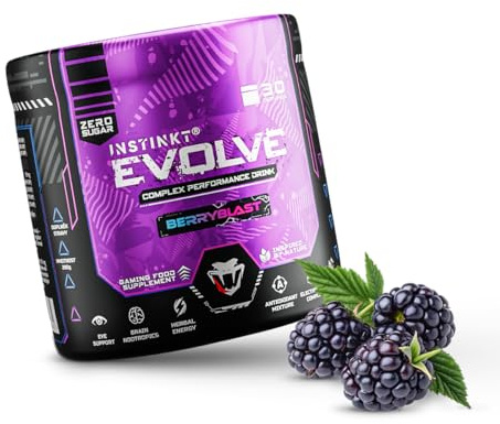 INSTINKT EVOLVE Komplex Energy Focus Gaming Drink Pulver – Ohne Zucker – Mit Guarana & Grüntee, Elektrolyte, Vitamine, Antioxidantien, Vegan – 290g / 30 Dosen (Waldfrüchte)