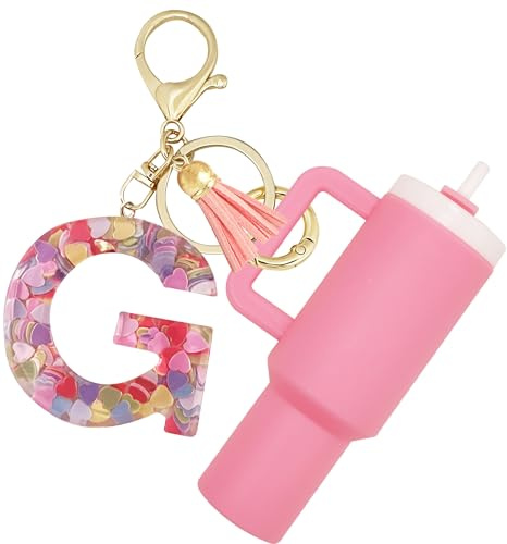 Rykitop Mini Tumbler Keychain,Cute Cup Keychain with Initial letter For Stanley Cup Backpack Chapstick Holder Women Girl, G-pink, Large