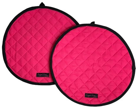 Ragged Rose Aga Cooker Hob Covers - 38 cm x 38 cm Universal Hob Mats for Gas, Oil, Electric, & Induction Aga Cookers - Pair of Machine Washable Cotton Chef’s Pads - Pink/Black Trim, Pack of 2