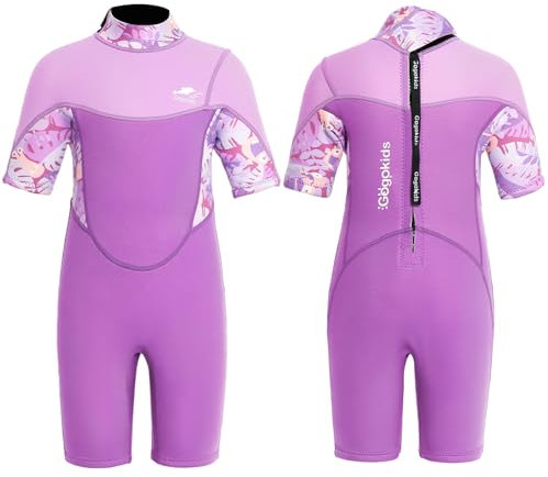 Gogokids Shorty Neoprenanzug Kinder, 2,5mm Neoprenanzüge Rückenreißverschluss Kleinkinder Kurze Nassanzüge Komfort & Wärme, UV Neopren für Schwimmen, Schnorcheln und Surfen, Alter 6-7 Mädchen, Violett