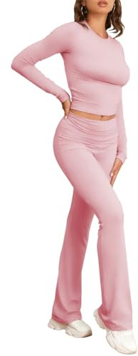 Famulily Gym Sets for Women 2 Piece Outfits Workout Set Long Sleeve Yoga Tracksuit Ladies Lounge Sets Y2K Casual Slim Suit Crop Tee Top Pink M