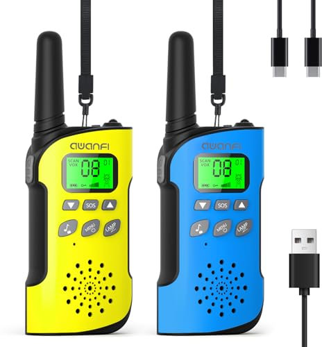 AWANFI Talkie Walkie Rechargeable Enfants Adultes 2 Pièces, Talkie-Walkie Longue Portée Lampe Torche 8 Canaux, Walkie Talkie USB Type C pour Camping, Randonneé, Vélo, Cadeau Jouet pour Fille et Garçon