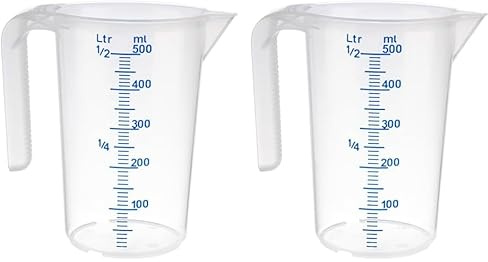 APS Messbecher 0,5 Liter, Ø 9 x H: 14 cm, Kunststoffbecher mit geprägter Maßskalierung außen, offener Griff, l-/ml-Einteilung, spülmaschinengeeignet (Packung mit 2)
