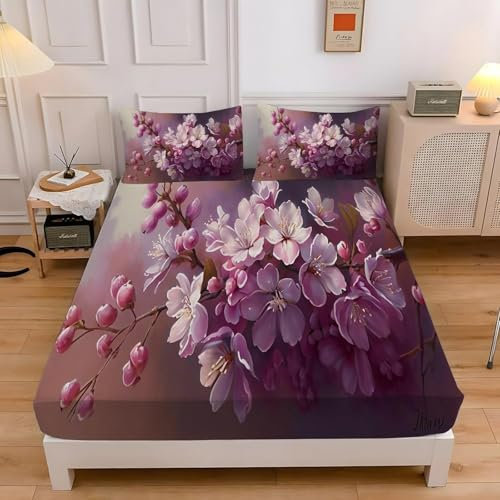TACOKI 3D Blumen Spannbettlaken 180x200cm, Lila Muster Weiches Mikrofaser Bettlaken für Erwachsene, Bettlaken Spannbetttuch 180x200 bis 30 cm Matratzenhöhe mit 2 kissenbezüge d510