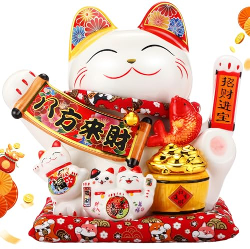 HANTHES Lucky Cat Waving Arm Fortune Cat 11 Chinese Ceramic Maneki Neko Auto Swing Arm Feng Shui Wealth Decor for Home/Office/Shop Decorative for Good Luck & Prosperity Battery Not Included
