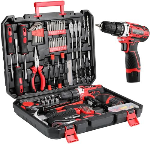 TLGREEN Caja Herramientas con Destornillador Electrico/Taladro 12V,Maletin Herramientas Completa 138 Piezas,Kit Juego de herramientas profesionales, Portable para Bricolaje y Arreglos Diarios
