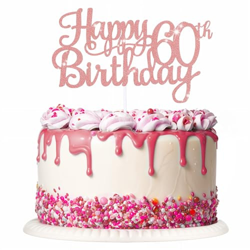 Nogeqi 60th Happy Birthday Tortendeko, Glitzernde Kuchen Deko 60 Geburtstag Mädchen Mit Zahlen, Happy Birthday 60th Cake Topper Wiederverwendbare Für Frauen Geburtstag Dekoration (Roségold)