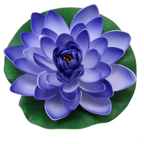 Flor de loto flotante de lirio de agua artificial, 18 cm, realista para decoración de plantas de loto EVA, para estanque, acuario, piscina, decoración del hogar de jardín (azul-púrpura)