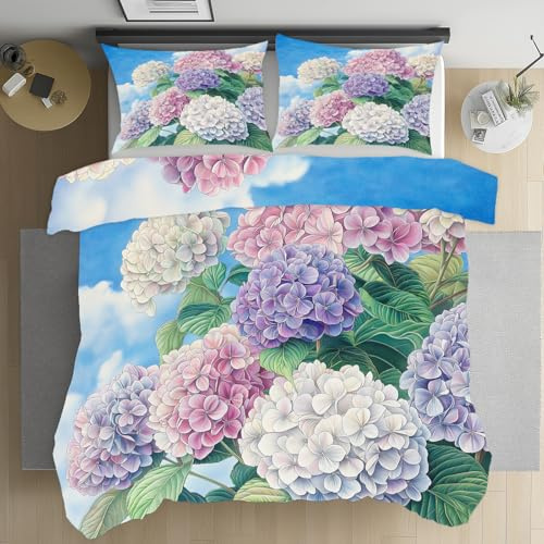 Pggong Bunt Hortensien Blumenmuster SommerBettwäsche 135x200 Pflanze | Floral Blatter Bügelfreie Bettwäsche 3teilig mit 2 Kissenbezüge 80x80 cm Mikrofaser Bettbezug Kühlend mit Reißverschluss