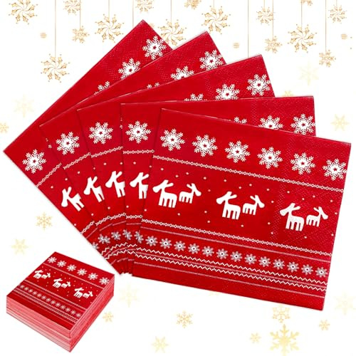 100 Stück Weihnachten Servietten Rot, 33x33cm Weihnachten Tischdeko Weihnachtsservietten mit Rentier Schneeflocken Motiv, 3-lagig Servietten Rot für Weihnachtsfeier, Weihnachtsabend, Tisch Dekoration