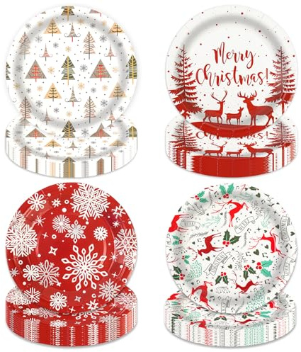 48 platos de papel de Navidad, platos de papel de Navidad de 7 pulgadas, vajilla de postre, platos de fiesta para decoraciones de fiesta de cumpleaños, paquete de 4 colores