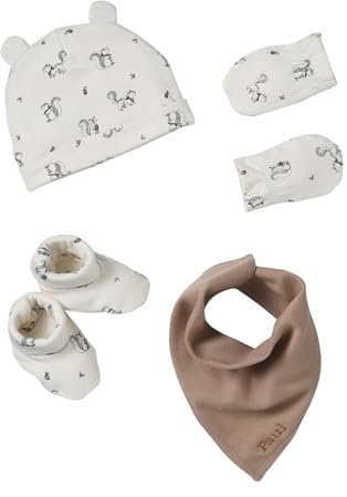 Vertbaudet Baby Set mit Mütze, Fäustlingen, Dreieckstuch und Schühchen, Eichhörnchen-Print beige 40/45
