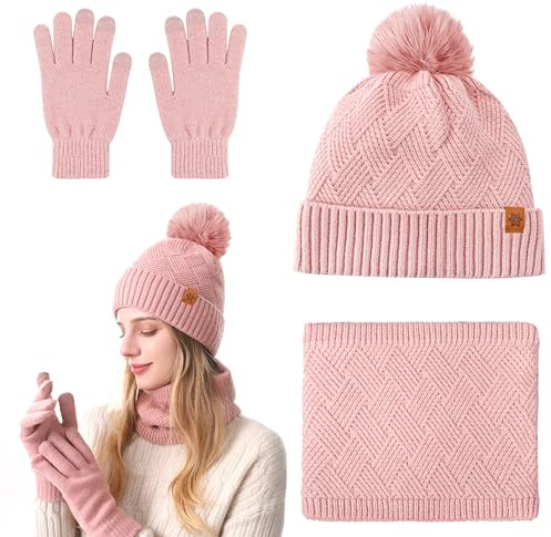 Qzakce Damen Mütze Schal und Touchscreen Handschuhe Set Winter Wärmer Fleece Stricken Beanie Mütze Schal Winterhandschuhe Weihnachten Geschenk für Frauen Mädchen Damen