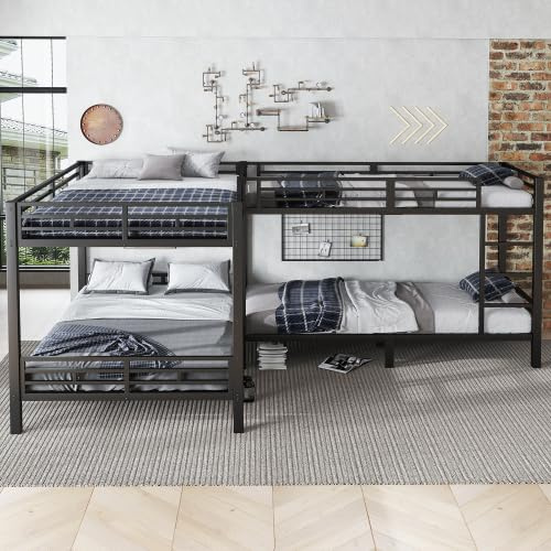 Merax Eisenbett Etagenbett, Schwarz, Doppel- und Einzelbett (90x200cm & 140x200cm), Mit Dreistufiger Leiter und Stabilem Lattenrost, Für Kinder und Jugendliche