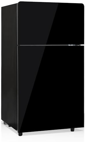 Réfrigérateur à deux compartiments avec congélateur intégré, porte en verre, réglage 7 niveaux,éclairage LED,tablettes vitrées ajustables,froid direct silencieux,cuisine bureau camping-car (Noir)