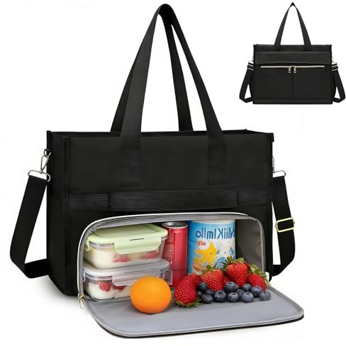 Hengrongshen Lunch Tote Bag für Damen, 2-in-1 Groß Lunchtasche Handtasche, Laptoptasche mit LunchFach, geräumige Computertasche für Business, Büro, Schule,Geschenk (Schwarz)