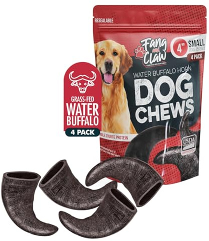 Water Buffalo Horn Dog Chew 4 Pack - Small 4 - All Natural Free Range Grass Fed Single Source Protein - No Chemicals, Additives, Hormones - Long Lasting, Good for Aggressive Chewers – by Fang & Claw