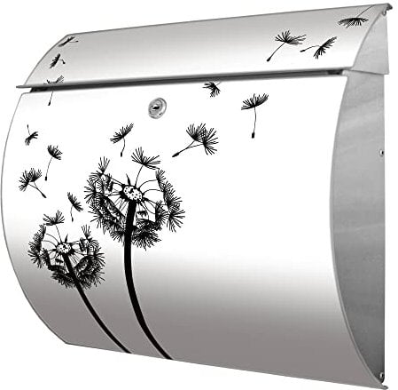 banjado® Burgwächter® Briefkasten Edelstahl mit Motiv Pusteblume 2 / Briefkasten ohne Zeitungsfach/Edelstahl Briefkasten mit Kippdach & Öffnungsstopp, 2 Schlüssel