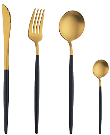 TUPMFG 16 Pieces Black Handle Cutlery Sets, Matte Flatware Set Service for 4, Stainless Steel Silverware Set with Knives Forks Spoons, Dishwasher Safe