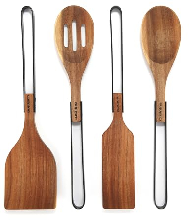 cusinine Juego de utensilios de cocina de madera de acacia para cocina, hermoso diseño moderno, cabezales de madera rústica y asas de acero inoxidable, resistente a los arañazos.