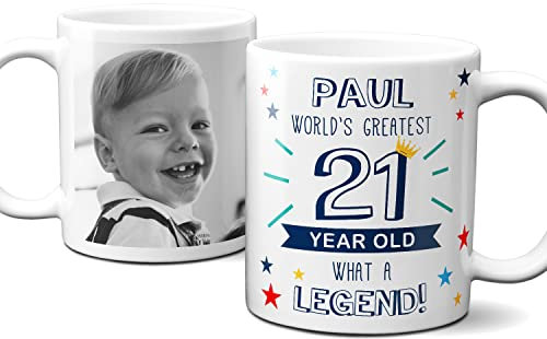 Thoughtful Gifts Personalised World’s Greatest Age 21 Mug, 21st Birthday, Photo Mug for 21-Year-Old Man, Cup Gift 21-Year-Old. Add Name and
