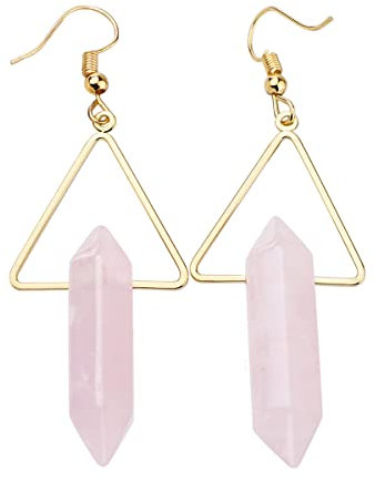 Nupuyai Rose Quartz Hexagonal Healing Crystal Stone Vintage Dangle Earrings for Women, Triangle Gold Plated Drop Earrings for Wedding Party, 66mm
