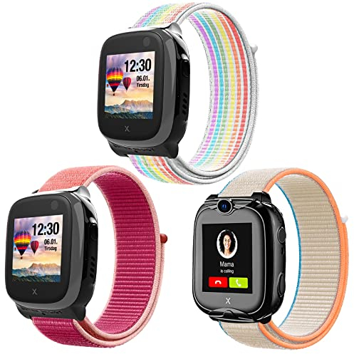 3-Stück Armbänder Kompatibel mit XPLORA X5 / XGO2/XGO3 Armband,Kids Smartwatch Weich Sport Nylon Ersatzbänder für X5 Play /XGO 2/XGO 3,Mädchen Jungen Geschenk, Regenbogen+Granatapfel Rot+Milch
