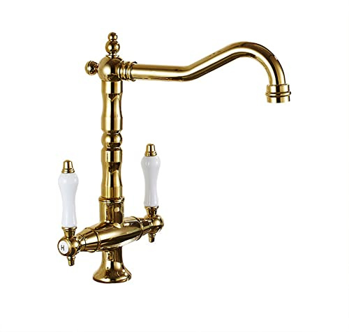Rubinetto Per Cucina, Doppio Comando Girevole A 360° Ottone Miscelatore Cucina Bocca Alta, Acqua Fredda E Calda Rubinetto Lavello Cucina, Vintage Anticato, Oro