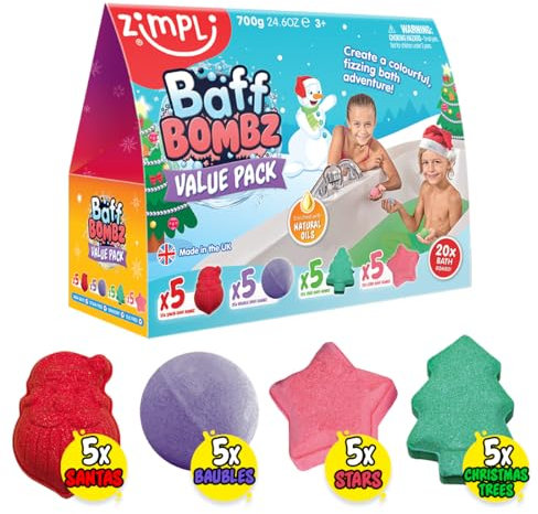Zimpli Kids 20 x Value Xmas Bath Bomb Gift Set, Christmas Bath Sets for Children, Bathtub Presents for Boys & Girls, Organic & Natural Bath Fizzers, Stocking Fillers, Non-Toxic