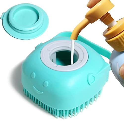 Dog Bath Brush, Pet Massage Brush Shampoo Dispenser, Soft Silicone Brush Rubber Bristle for Dogs and Cats Shower Grooming (Green)