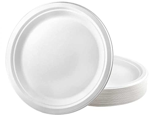 Zuvo 10-Inch Compostable Paper Plates – 50 Pack, Eco-Friendly, Biodegradable and Disposable for Party, BBQ & Picnic – Strong & Sturdy Bagasse Tableware, White