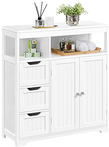 Yaheetech Meuble Armoire Salle de Bain Rangement, avec 3 Tiroirs, Placard avec 2 Portes et Compartiments, Plateau Réglable en Hauteur, Entrée Salon Chambre Cuisine 80,5 × 30 × 86,5 cm, Blanc