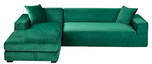 Samt Sofabezug L Form, 2-teiliger Stretch L Form Sofa überzug rutschfest Couchbezug L Form Weicher Möbelschutz Für Ecksofa -Grün-4+2 Sitzer