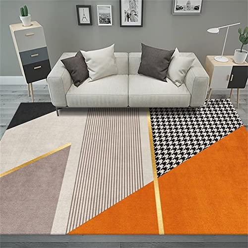 Kunsen Kamin deko Wohnzimmer teppichküchenvorlegerOrange Grauer Teppich geometrisches Design mit weicher und Nicht verformbarer Druckfarbewaschbarer Teppich wohnzimmer160x230cm