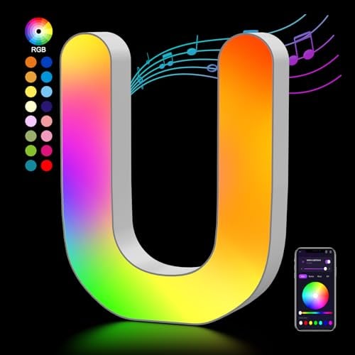 Lettere Luminoso con USB, APP Controllo Luci LED di Lettera Alfabeto, Figura a Cuore con Luce Colorate RGB per Decorazione e Atmosfera, Luci Notturne Scrivania, Compleanni, Matrimoni, Vetrine - U