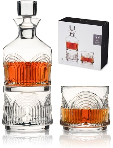 Viski Beau Stacking Set with Lowball Crystal Art Deco Cocktail Glasses Whiskey Decanter Set of 3, Clear