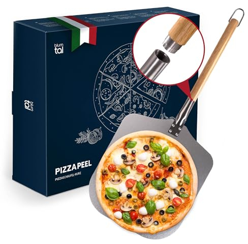Blumtal Pala para Pizza - Pala de Aluminio con Mango de Madera - Corta - Pala pizza horno con una superficie de 30,5 cm x 30,5 cm y Mango de Madera de 61 cm