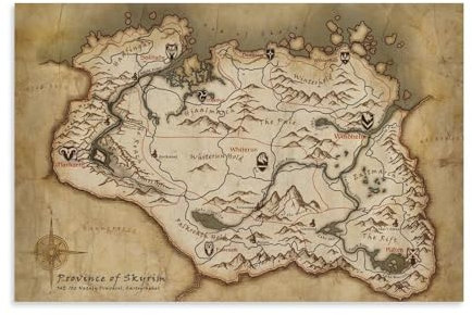 EVMILA Skyrim-Karte, Fantasy-Kartenposter, Hochwertiges Coated-Papier, Vollfarbdruck, 20 x 30 cm
