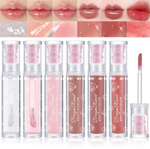 YIBABY 6 Farben Bear Clear Shiny Glitter Lip Gloss Set,Transparent Jelly Texture Plumping Moisturizing Glossy Liquid Lip Gloss with Shimmer Waterproof Long Lasting & Non-Sticky - Vegan Makeup