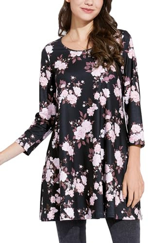 Enmain Tunic Tops For Women 3/4 Sleeve Ladies Tunics Casual Loose Long Tunic Top for Leggings Round Neck Blouses Shirts Black & Pink Flower XL