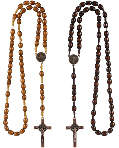 Sinmoe Collares Rosario Madera con Colgante Cruz para Comunión | 2 Collares para Mujer, Bautismo y Bautizo, Cuentas de Oración Católico, Hechas a Mano, Joyería Religiosa Sagrada