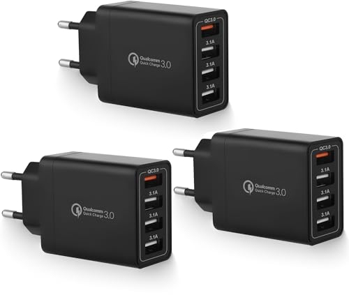 3er-Pack USB Ladegerät Stecker, 4-Ports USB Ladeadapter mit 33W Intelligent QC 3.0 Schnellladegerät Mehrfach Netzteil für iPhone, iPad, Samsung Galaxy, Nexus, HTC, Motorola, LG Handy und viele mehr