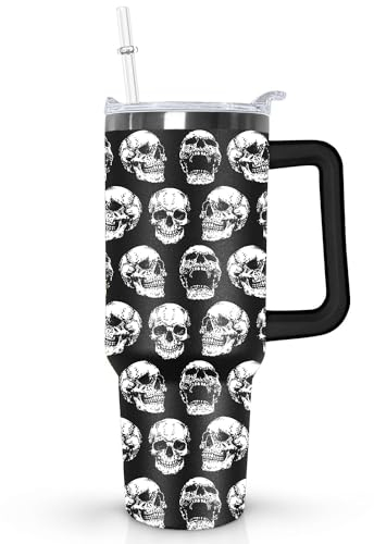 Ceovfoi Skull Tumbler with Handle, 40oz, Lid and Straw - Goth Halloween Decor for Women