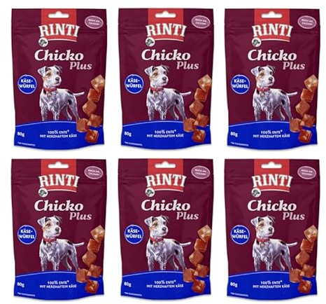 Rinti Chicko Plus Käsewürfel Ente für Hunde | 6er Pack | 6 x 80 g | Schonend luftgetrocknetes Entenbrustfilet | Im praktischen wiederverschließbaren Beutel