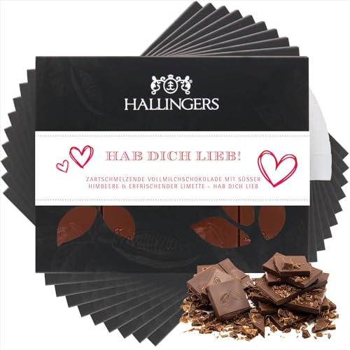 Hallingers Genuss Manufaktur Schokolade Valentinstagsgeschenk - Tafel Edelkakao handgeschöpft ohne Alkohol edler Karton 10x Hab Dich lieb Himbeer-Limette, Valentintstag für Frauen Männer