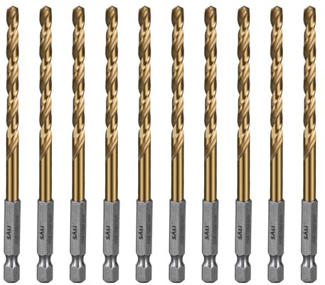 SALI Juego de brocas HSS de 10 piezas, vástago hexagonal, diámetro de 5 mm, con revestimiento de titanio, cambio rápido, 1/4, montaje hexagonal, broca en espiral, broca de metal para madera, plástico