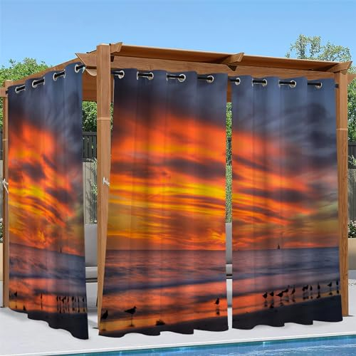 Outdoor Vorhang Wetterfest, Rot Outdoor Vorhänge Wasserdicht mit Ösen Sonnenuntergang Strand Sichtschutz Outdoor Gardinen für Draussen Terrasse Balkon Pavillon Garten Pergola 2er Set B 132 x H 240 cm