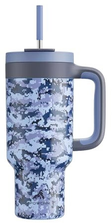 POWCAN Camo Tumbler mit Griff, 2-in-1-Strohhalm und Trinkdeckel, auslaufsicher, spülmaschinenfest, isolierter Reise-Kaffeebecher aus Edelstahl, hält 34 Stunden kalt, passt in Auto-Becherhalter (Navy